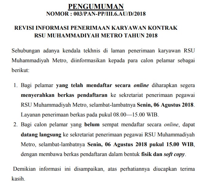 Lowongan Kerja Rumah Sakit Lulusan SMA/SMK dan DIII Terbaru 2018 yakni Lowongan Kerja Kontrak Rumah Sakit Umum Muhammadiyah Metro
