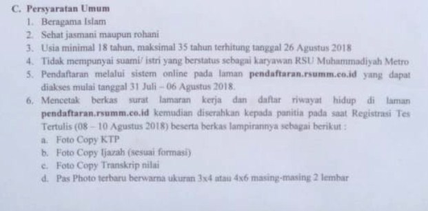 Lowongan Kerja Rumah Sakit Lulusan SMA/SMK dan DIII Terbaru 2018 yakni Lowongan Kerja Kontrak Rumah Sakit Umum Muhammadiyah Metro